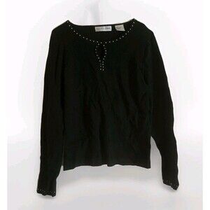 Victoria Jones Black Sweater Blouse Thick Warm Top Keyhole Rhinestones Sz Medium
